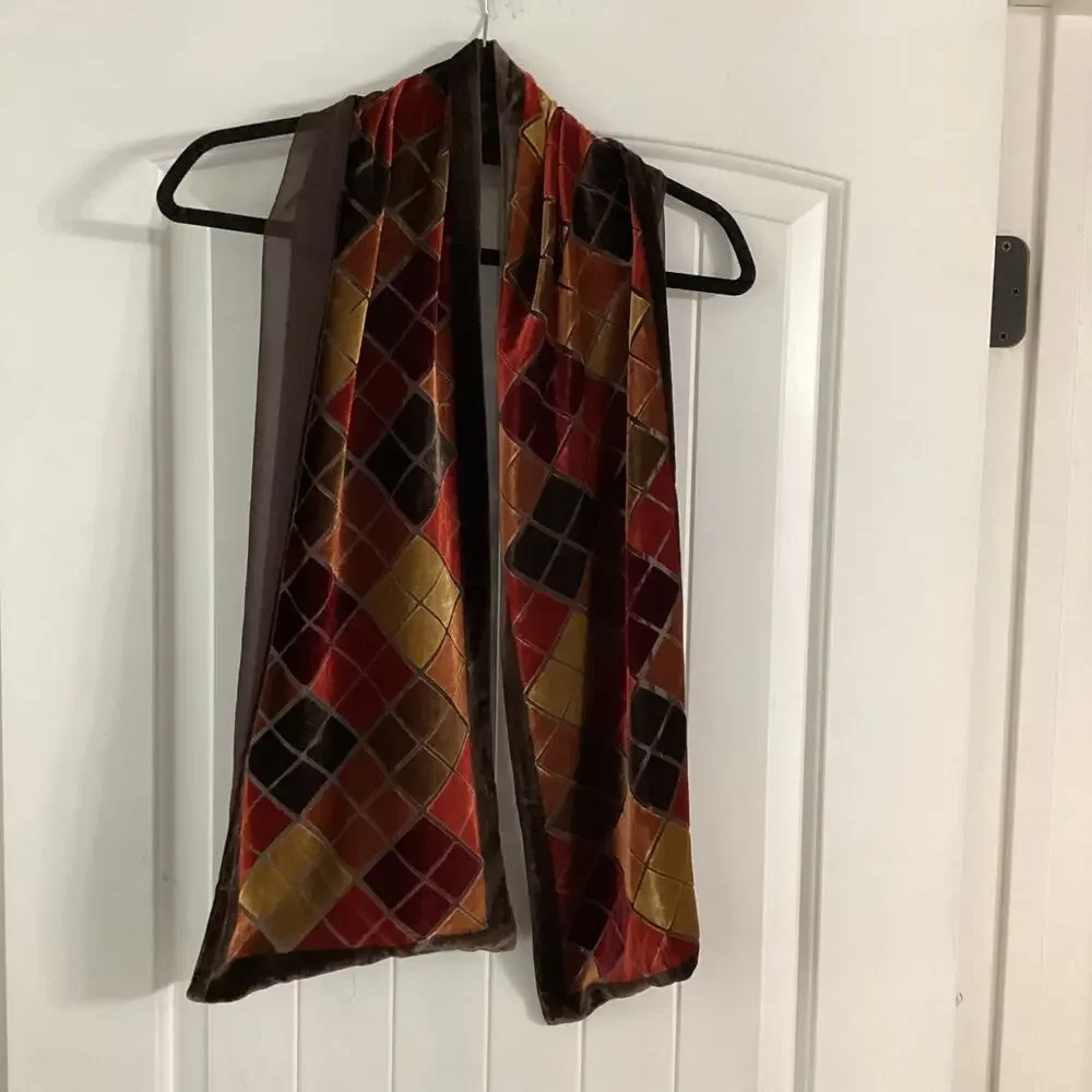 Echo Silk Blend Burnout Velvet Scarf Geometric Argyle Jewel Tones 59”